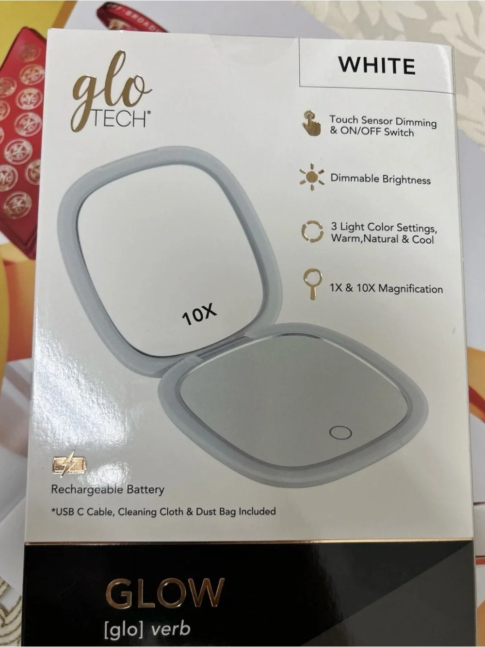 GloTech LED Compact Makeup Mirror 1x & 10x Magnification - Choose Black or White